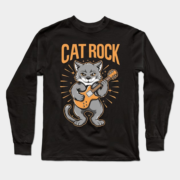 Cat,rock, and guitar Long Sleeve T-Shirt by Aldrvnd